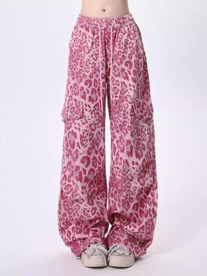 Rayohopp粉色豹纹休闲裤女秋季美式复古口袋装饰爵士舞直筒工装裤