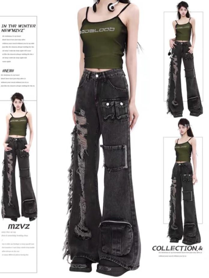 MZVZ美式复古黑色破洞工装牛仔裤女夏季高腰直筒多口袋阔腿拖地裤