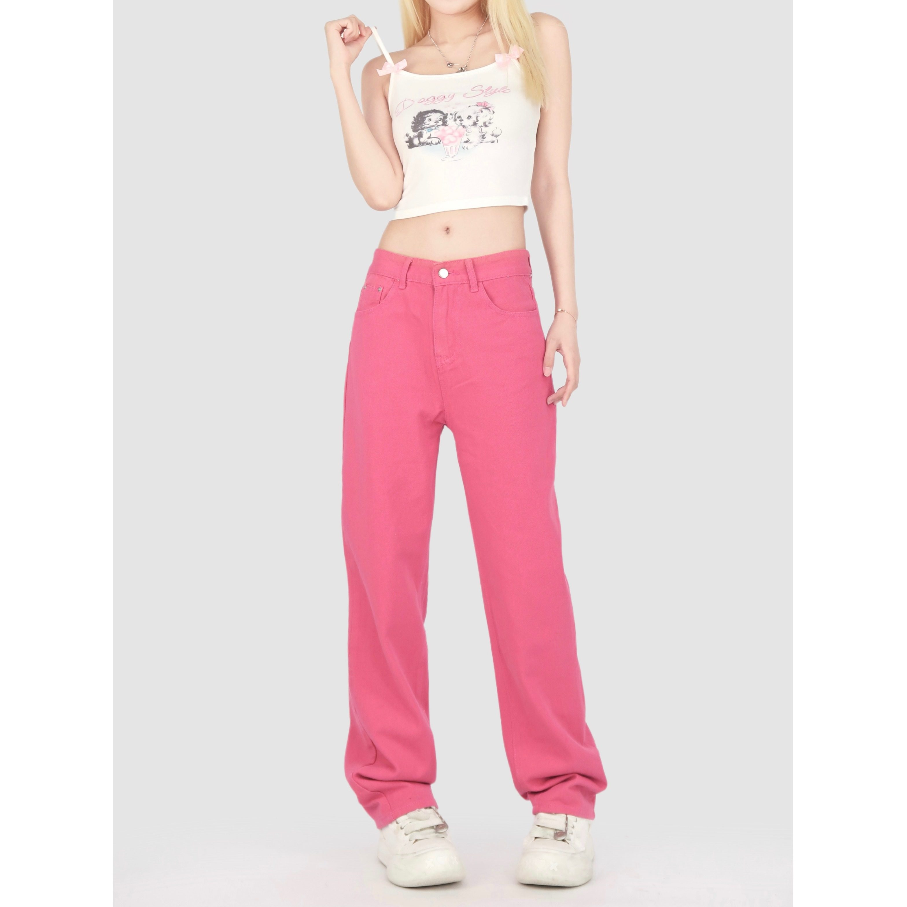 现货秒发！！！玫红色裤子高街潮玫红色牛仔裤女简约直筒裤子潮