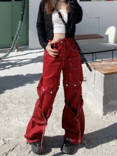酒红色拼接可拆卸牛仔裤 vibe小个子设计感工装 阔腿直筒裤 子 女美式