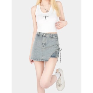 现货秒发!!!不规则抽绳牛仔短裙女小众简约通勤a字半身裙子