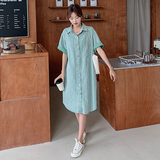 绿色条纹牛仔连衣裙女夏季2025新款港风复古chic宽松显瘦衬衫裙子，女装连衣裙，浙宝211