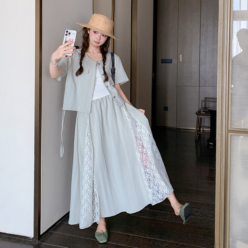 设计感蕾丝拼接半身长裙子套装女夏2025新款小个子独特漂亮两件套，女装套装/套裙，浙宝211