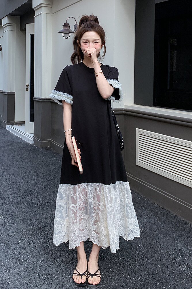 设计黑色宽松慵懒圆领t恤长裙女夏新款显瘦蕾丝拼接鱼尾连衣裙,女装连衣裙,浙宝211
