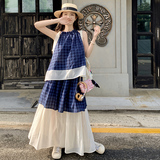 重工设计蓝色格子吊带连衣裙女夏2024新款无袖背心蛋糕裙小清新，女装连衣裙，浙宝211