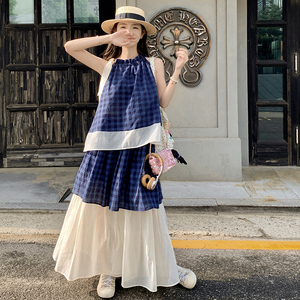 重工设计蓝色格子吊带连衣裙女夏2024新款无袖背心蛋糕裙小清新图片