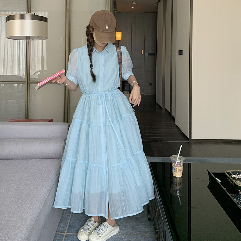 法式浪漫蓝色衬衫裙女夏季2025新款时尚高级感今年流行收腰连衣裙图片