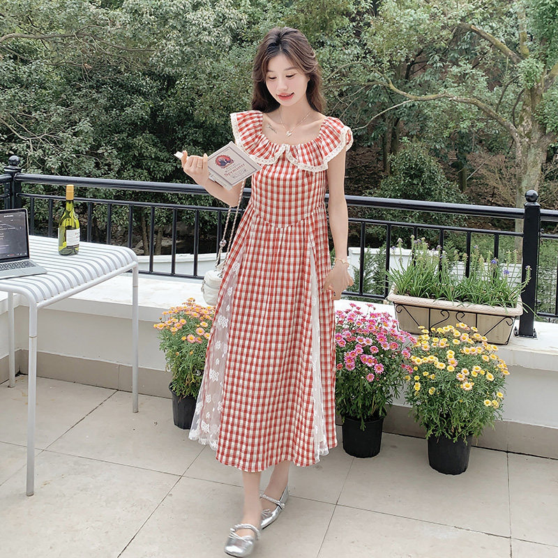 2025夏款新款格子拼接蕾丝连衣裙211-5805P135控198,女装连衣裙,浙宝211