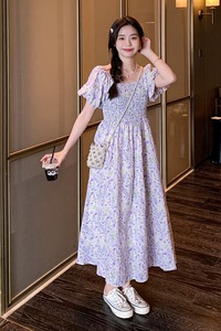 现货夏款新品法式浪漫紫两穿碎花连衣裙长裙211-1683P115控168图片