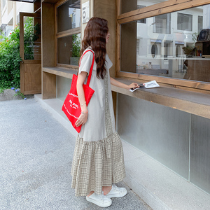 优雅日系复古宽松连衣裙女夏季2025新款设计感流行格纹拼接长裙潮图片
