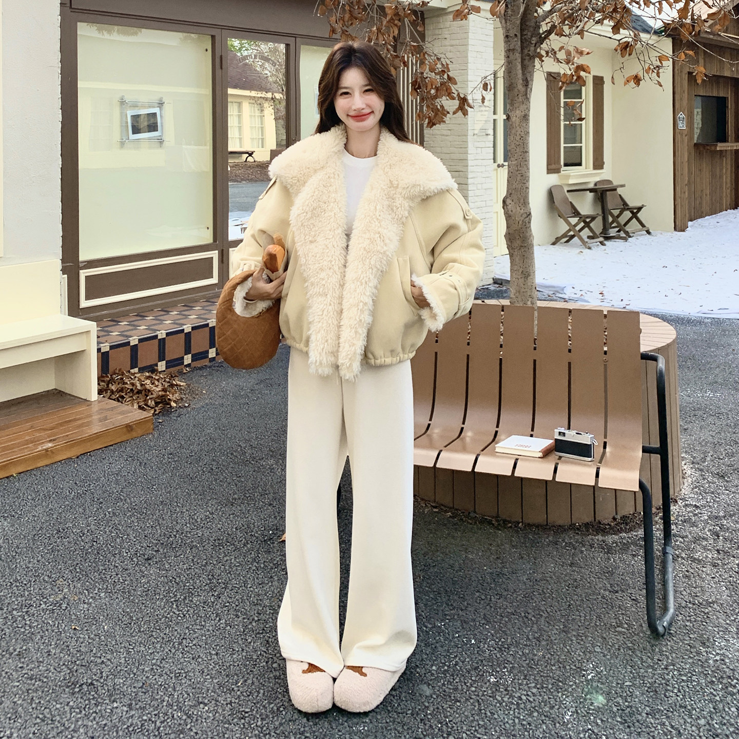 现货2025新款甜酷短款皮毛一体211-5871P225控328，女装毛呢外套，浙宝211