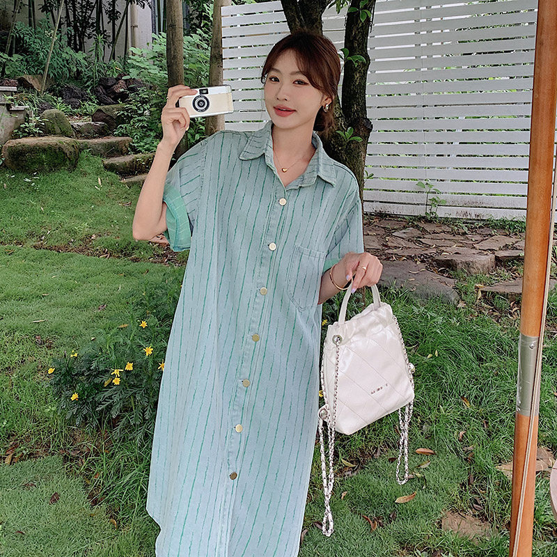 绿色条纹牛仔连衣裙女夏季2025新款港风复古chic宽松显瘦衬衫裙子,女装连衣裙,浙宝211