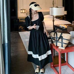夏款现货新款法式显瘦复古方领连衣裙211-1685P115控168图片