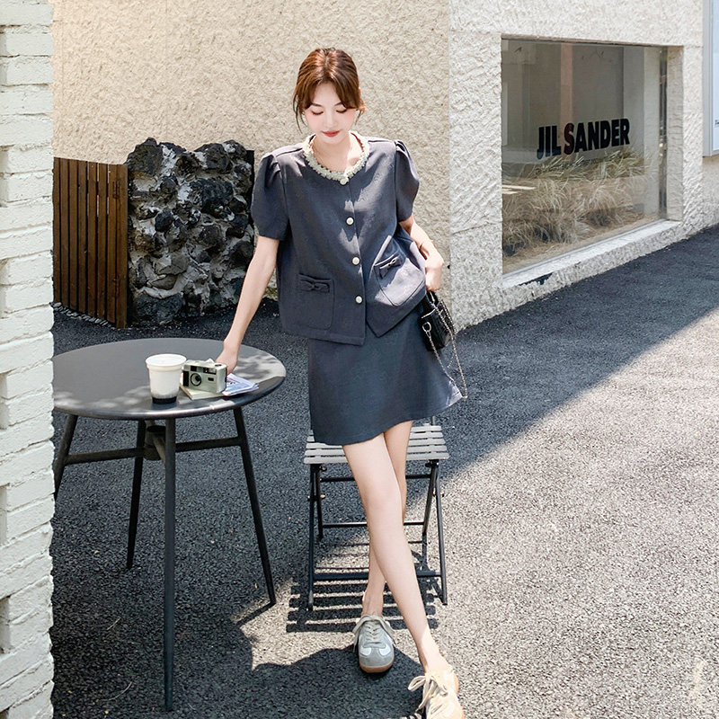 甜美气质泡泡袖西装灰色短裙套装女夏2025新款小个子两件套高级感,女装套装/套裙,浙宝211