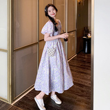 紫色一字领露肩碎花连衣裙女2023夏季新款法式今年流行别致收腰裙，女装连衣裙，浙宝211