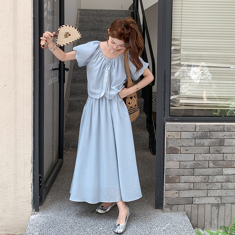 甜美灰蓝色衬衫半身裙套装女夏2025新款绝美俏皮两件套超好看洋气,女装套装/套裙,浙宝211