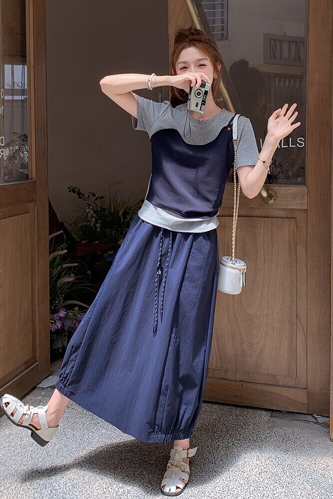 时尚假两件拼接T恤半身裙两件套女2025年夏季新款柔美设计套装裙,女装套装/套裙,浙宝211