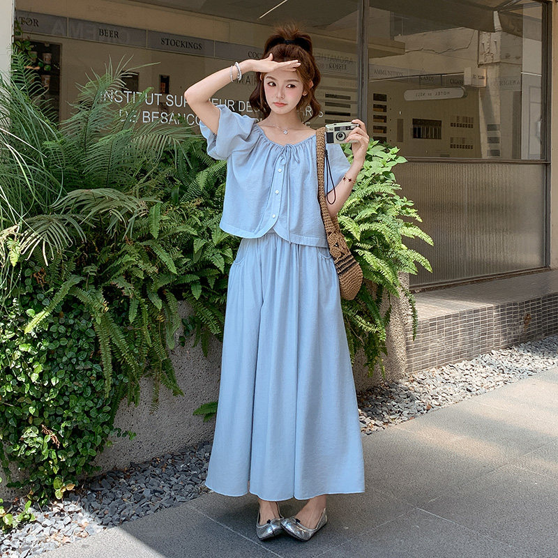 甜美灰蓝色衬衫半身裙套装女夏2025新款绝美俏皮两件套超好看洋气,女装套装/套裙,浙宝211