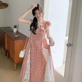 2025夏款新款格子拼接蕾丝连衣裙211-5805P135控198，女装连衣裙，浙宝211