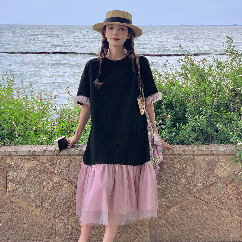 设计感小众甜美T恤拼接连衣裙女夏2025新款超好看休闲学院风少女,女装连衣裙,浙宝211
