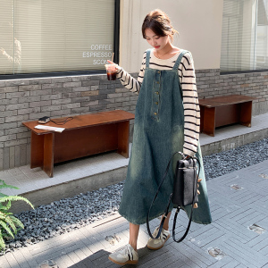 韩系减龄牛仔背带裙女2024秋季新款复古条纹T恤吊带连衣裙两件套,女装孕妇装,浙宝211