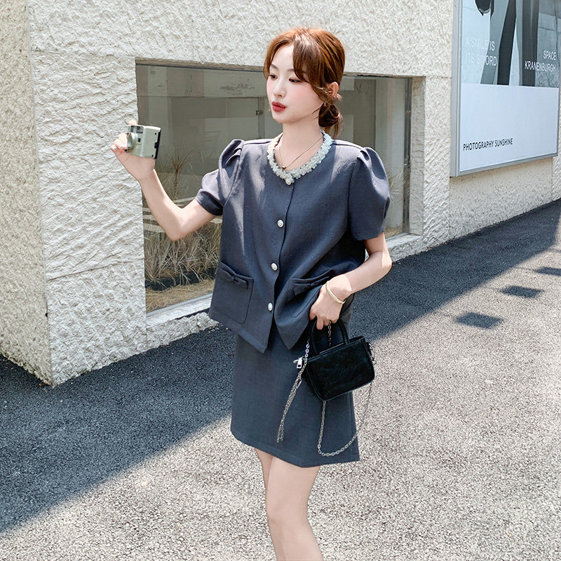 甜美气质泡泡袖西装灰色短裙套装女夏2025新款小个子两件套高级感,女装套装/套裙,浙宝211