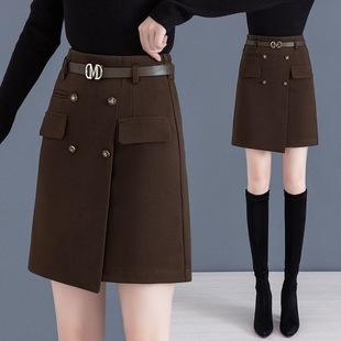2025秋冬季 毛呢半身裙女高腰显瘦百搭a字包臀一步咖色短裙子 新款