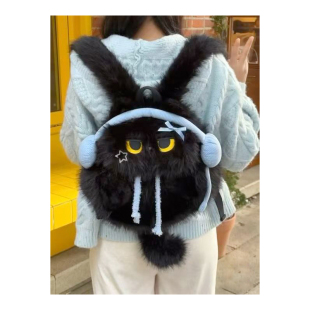 新款 韩系可爱卡通耳机猫咪撞色双肩包毛绒少女心甜酷出行超萌背包