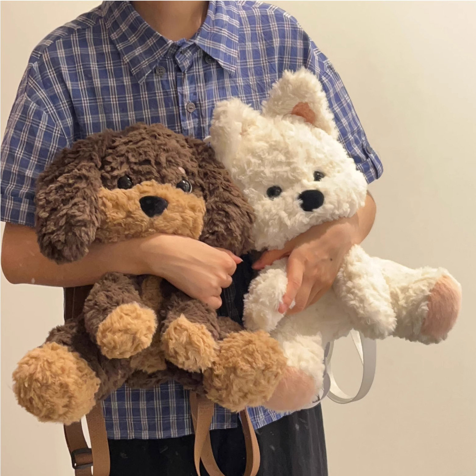 ins风新款棕腊肠狗毛绒双肩背包