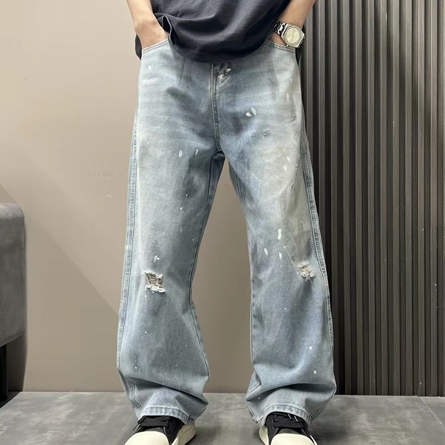春季新款破洞泼墨涂鸦复古牛仔裤男士韩版宽松阔腿痞帅直筒拖地裤