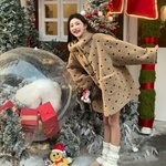 2024新款奶茶波点环保羊羔毛连帽皮毛一体外套女冬季上衣宽松慵懒