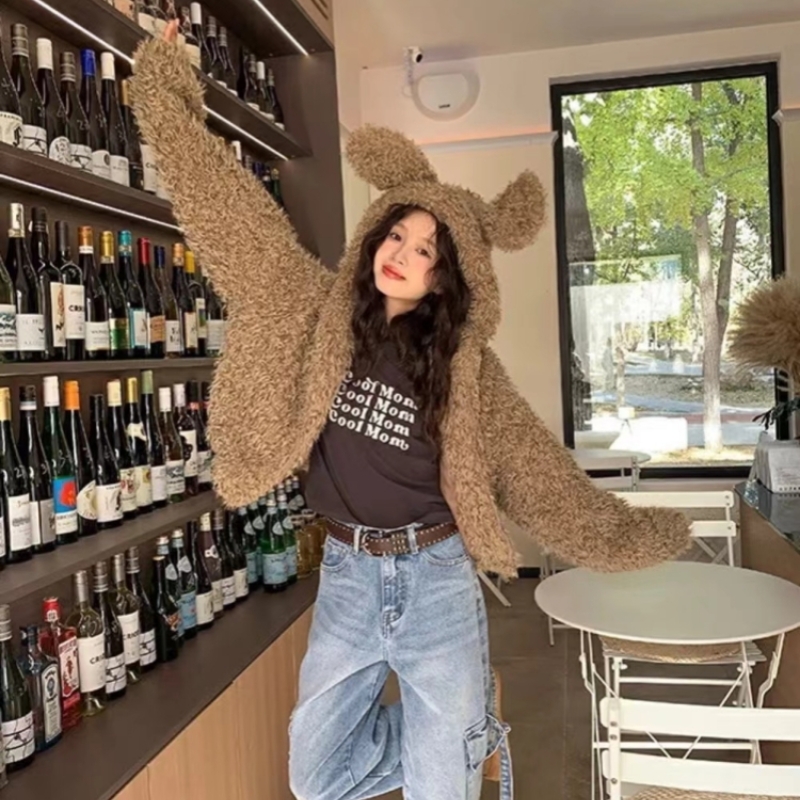 可爱兔耳朵仿皮草短款连帽外套女