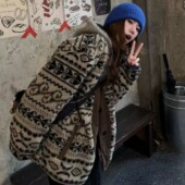 费尔岛羊羔毛外套女秋冬新款 复古拼接腰果花宽松加厚棉服大衣 美式