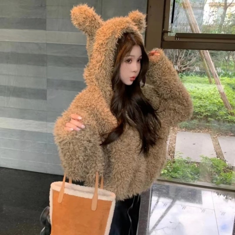 慵懒风可爱兔耳朵羊羔毛连帽外套女短款冬宽松加厚环保毛毛绒上衣,女装/女士精品,皮草,淘宝优惠券,粉丝福利购,淘宝优惠卷