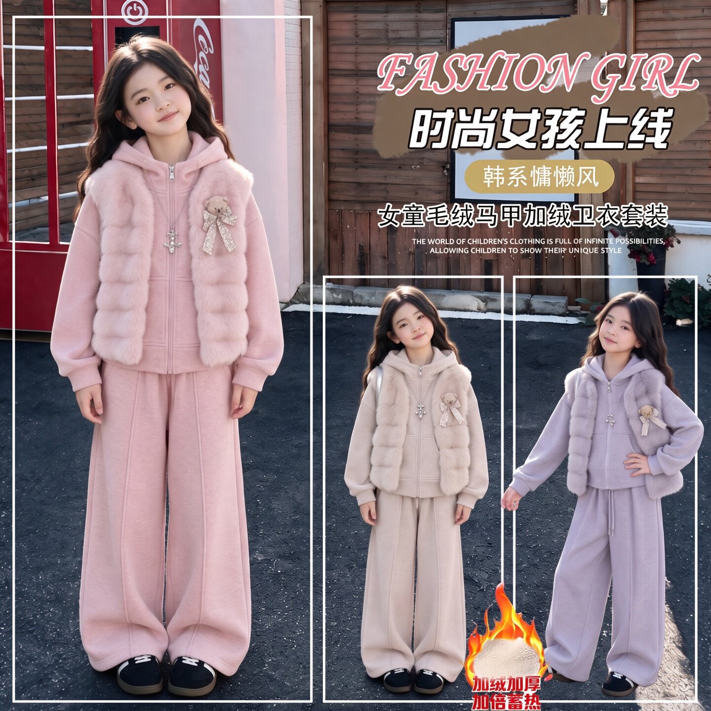 女童2026毛绒马甲加绒加厚卫衣套装冬装韩版洋气休闲三件套