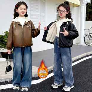 女童加绒皮衣外套2025秋冬新款中大童洋气皮衣夹克连帽上衣时尚潮