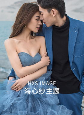 2022新款轻婚纱礼服复古法式影楼主题服装彩纱摄影拍照高级感蓝色