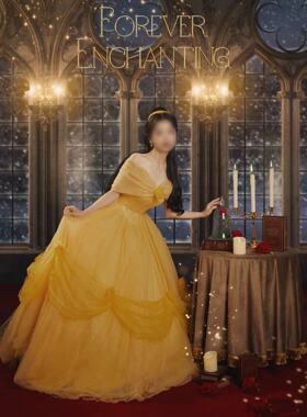 婚纱晚礼服新款生日成人礼派对cos贝儿公主裙影楼质感黄色一字肩