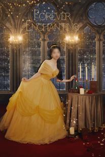 婚纱晚礼服新款生日成人礼派对cos贝儿公主裙影楼质感黄色一字肩