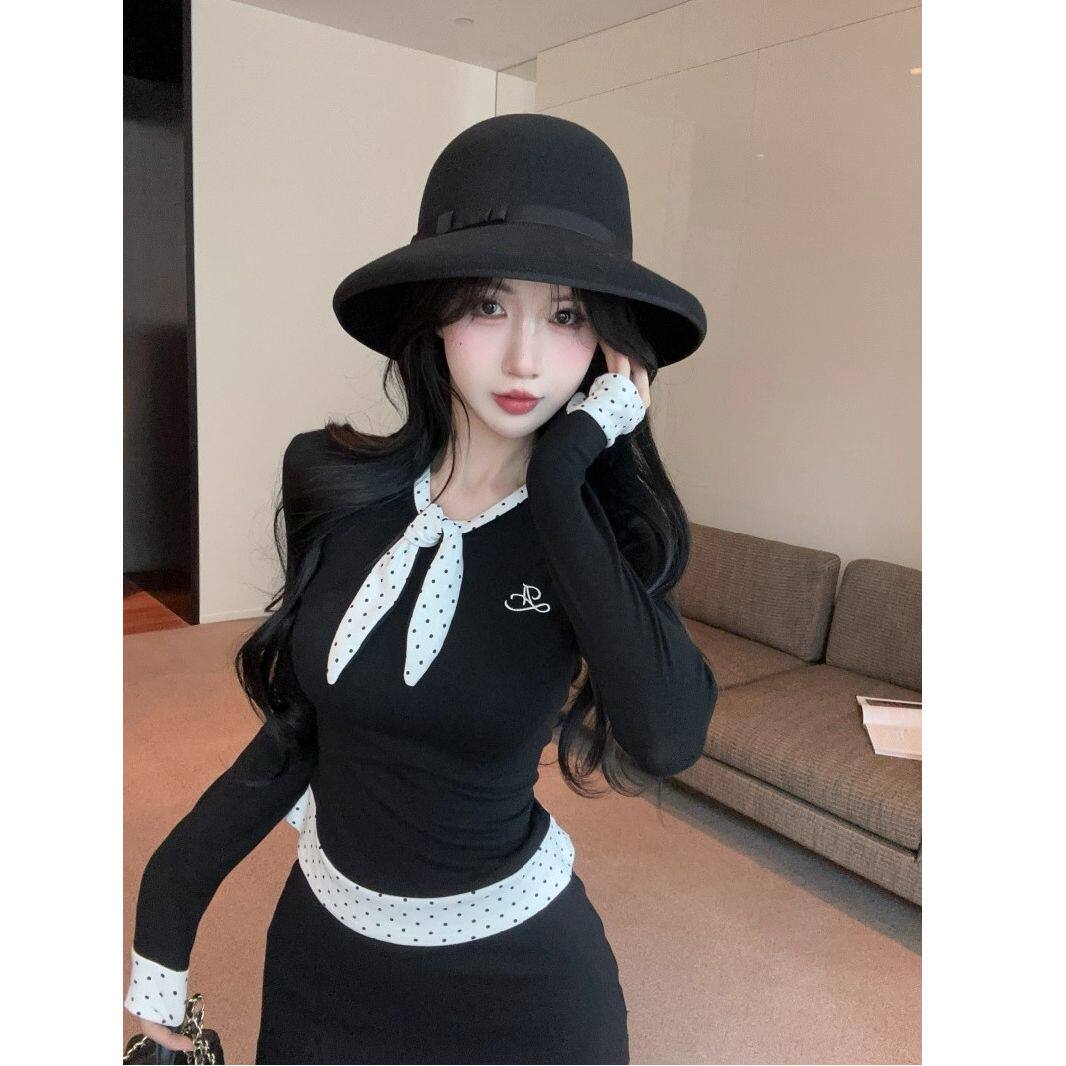 韩系黑色波点绑带长袖德绒螺纹拼接t恤女秋冬修身内搭假两件上衣