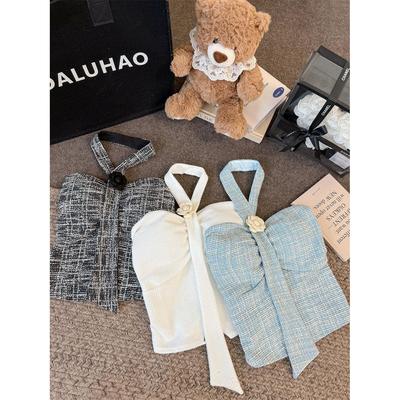 名媛气质套装女高级抹胸背心外穿山茶花挂脖上衣辣妹抹胸背心超火