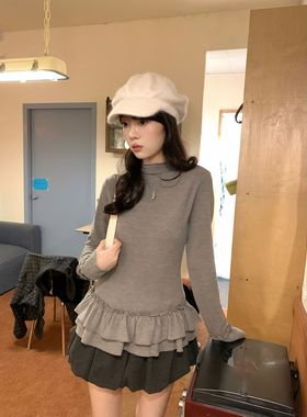 灰色木耳花边拼接长袖高领T恤女2026年秋冬季修身显瘦打底衫上衣