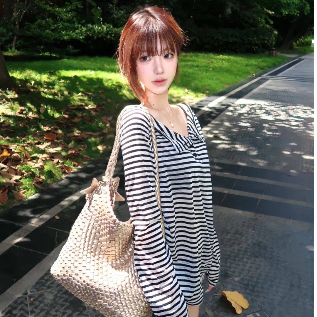 法式气质薄款条纹长袖T恤女夏季温柔风宽松款显瘦休闲长袖上衣ins,女装/女士精品,T恤,淘宝优惠券,粉丝福利购,淘宝优惠卷