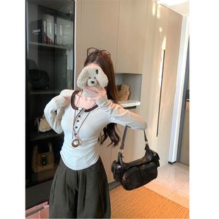 休闲风拼色长袖修身款德绒磨毛打底T恤女秋冬季新款气质显瘦上衣