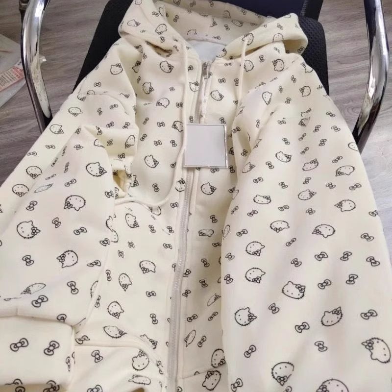 2025春秋新款凯蒂猫卫衣碎花设计感校园风带帽印花拉链潮流外套女