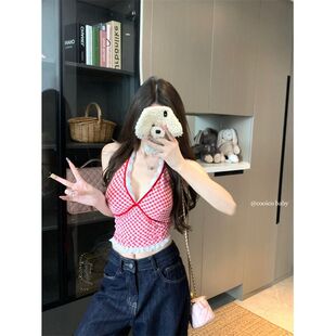 红色格子背心吊带女夏季蕾丝花边拼接挂脖性感辣妹纯欲风露背上衣