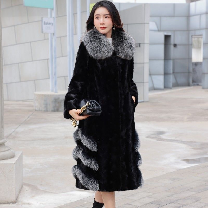 2025秋冬新款仿水貂皮草外套女狐狸毛领长款过膝妈妈装貂皮大衣女