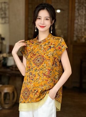 新中式时尚上衣女斜襟盘扣国风复古衬衫夏季设计感立领短袖T恤衫