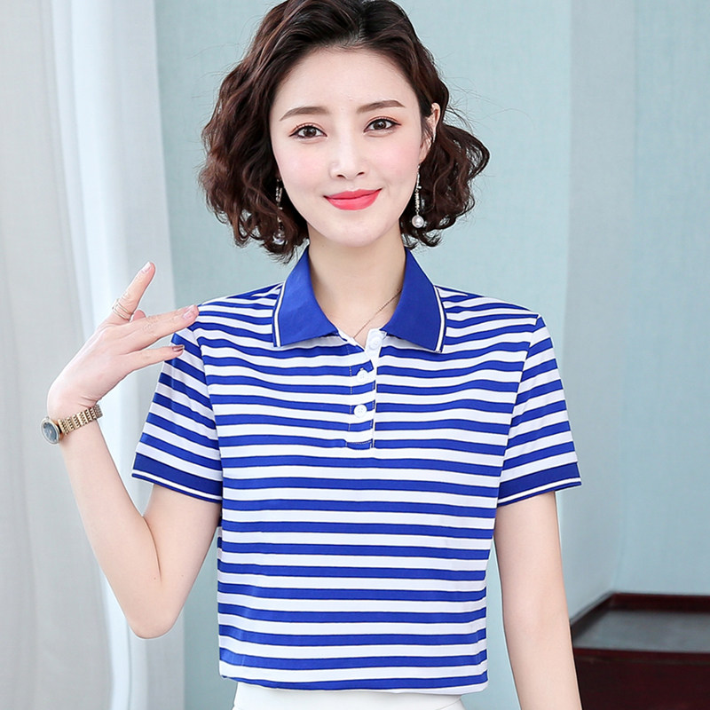 翻领Polo衫女短袖T恤海魂衫有带领子海军衫蓝白条纹半袖纯棉打底t