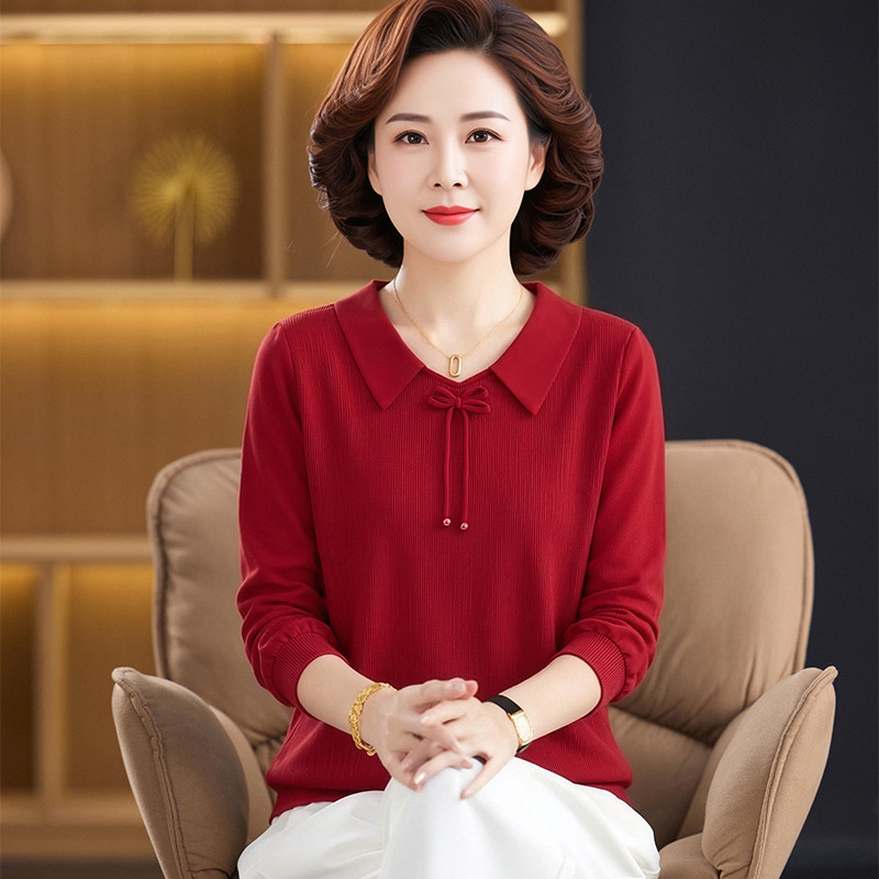 妈妈装红色雪纺翻领显瘦长袖T恤